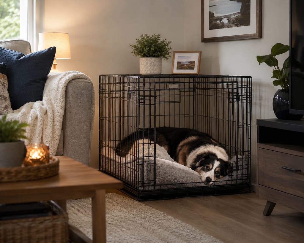 Dog Crates and Playpens for FCE recovery collie dog laying in crate in a lounge room