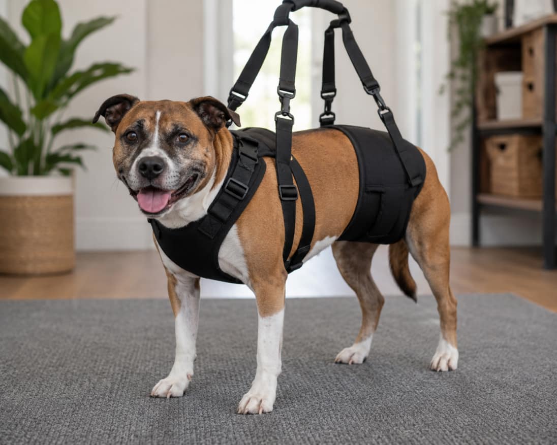 FCE vs IVDD: Understanding the Difference older staffy in harness