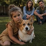 corgi with sad little girl' corgi with sad little girl'